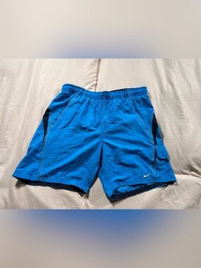Nike Men’s Fluorescent Blue Medium Swim Trunks Y2K 2000s Vintage Retro Lined